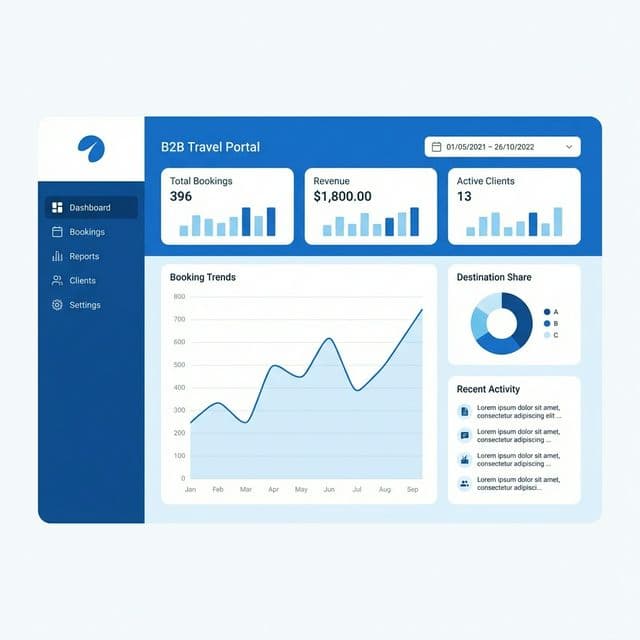 Illustration of a B2B travel portal dashboard for agents and sub-agents