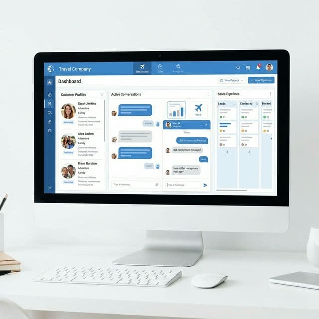 Illustration of a travel software free trial experience on a business dashboard
